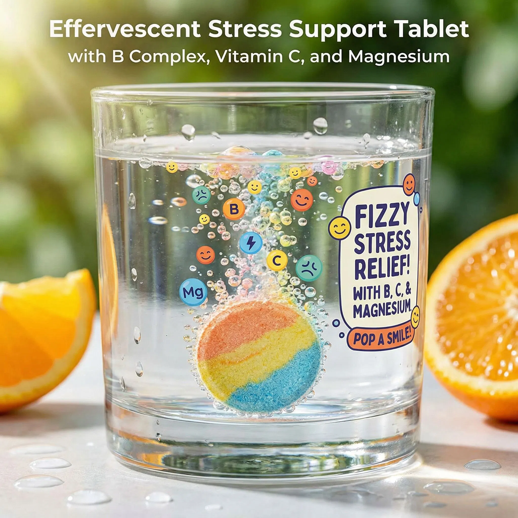 Tableta efervescente para el apoyo al estrés con complejo B, vitamina C y magnesio