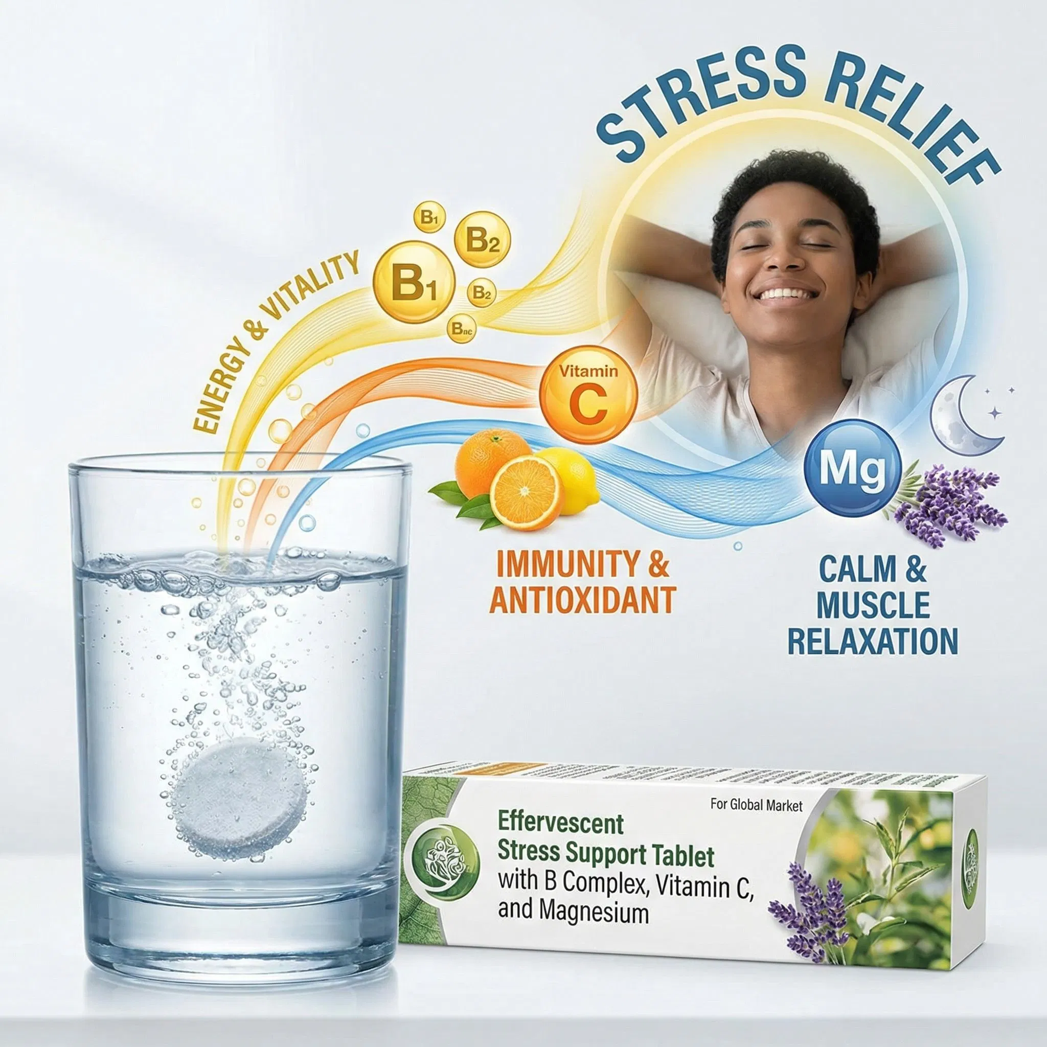 Tableta efervescente para el apoyo al estrés con complejo B, vitamina C y magnesio