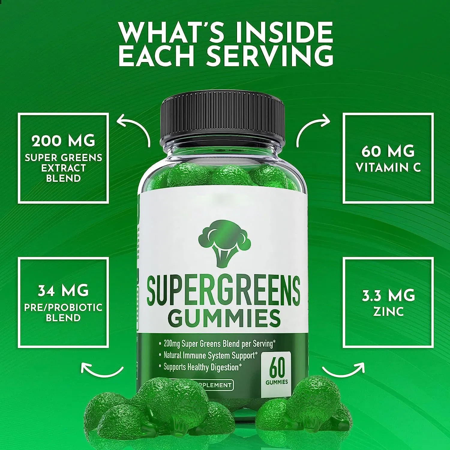 Gomitas de Supergreens - 200mg Superalimento rico en nutrientes para la inmunidad