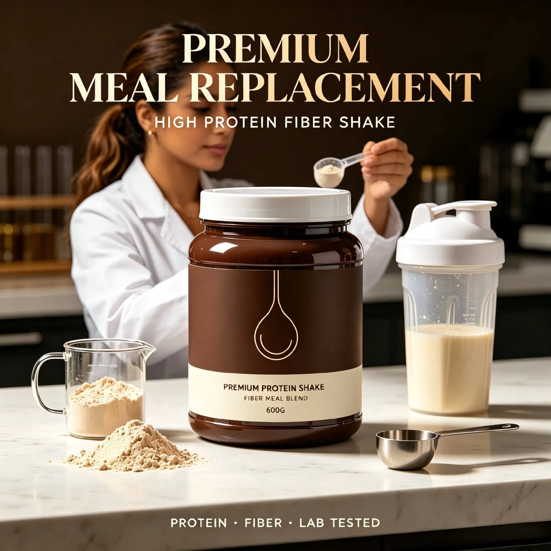 Batido en polvo de reemplazo de comida enriquecido con alto contenido de proteínas y fibra para el bienestar