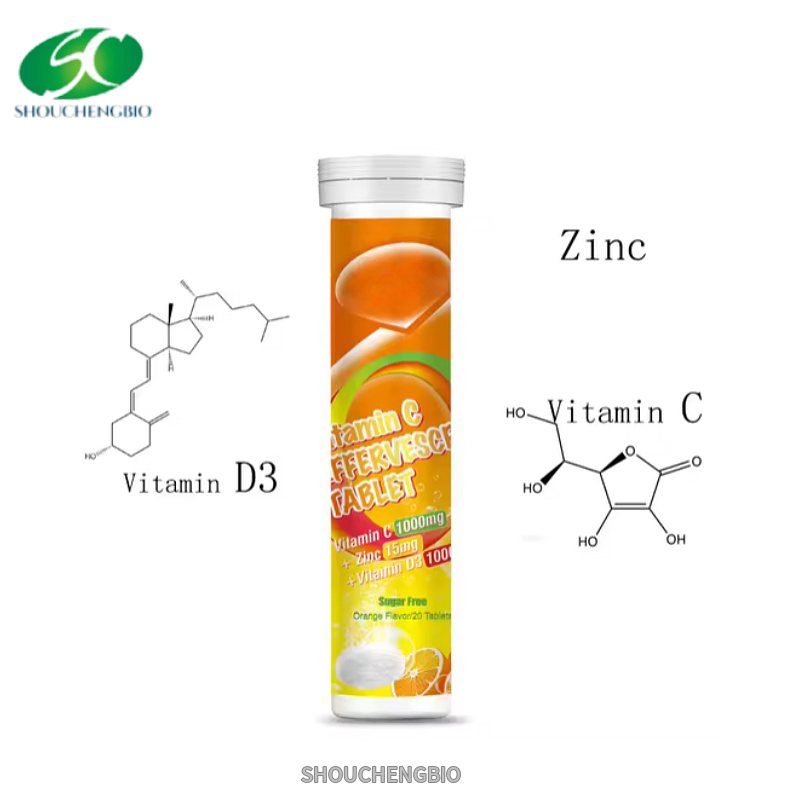 Tableta efervescente de vitamina C natural 1000mg zinc 15mg y suplemento de vitamina D3
