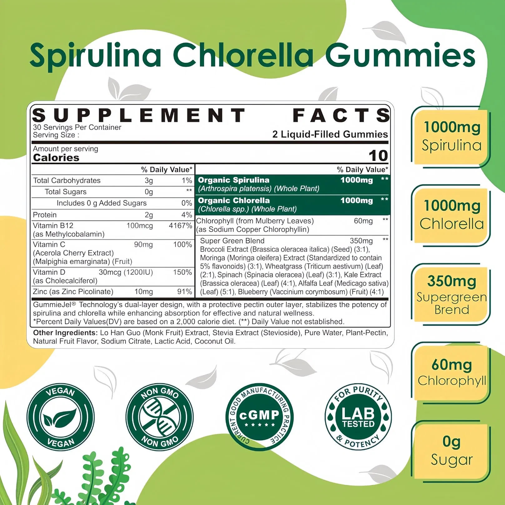 Gomitas de espirulina y chlorella orgánicas con algas verdes y azules ricas en nutrientes para energía diaria, limpieza, antioxidante e inmunidad