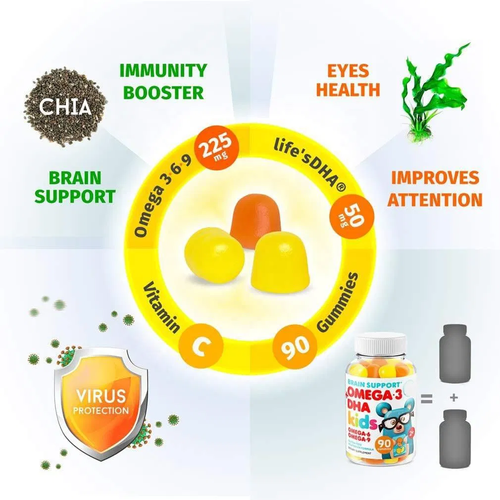 Gomitas de DHA de marca privada para la salud cerebral y visual de los niños, nutriente esencial de DHA