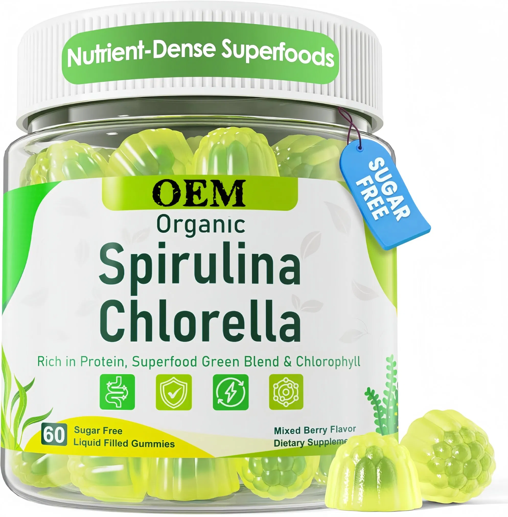 Gomitas de espirulina y chlorella orgánicas con algas verdes y azules ricas en nutrientes para energía diaria, limpieza, antioxidante e inmunidad