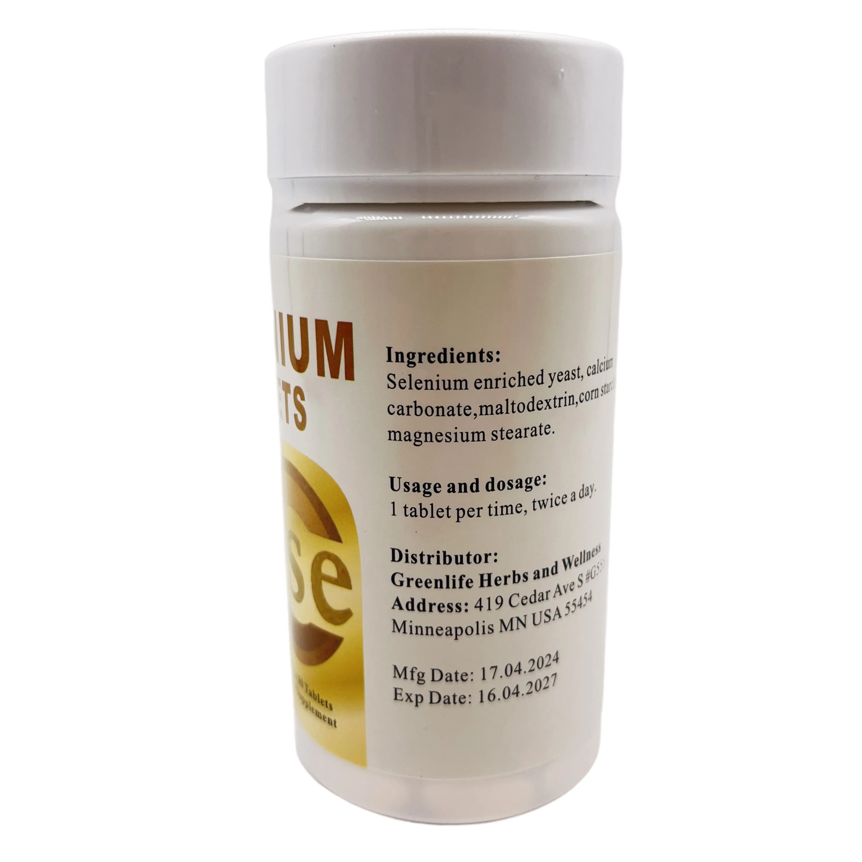 Suplemento Herbal Nutricional Saludable de Grado Natural con Vitamina Selenio en Tabletas