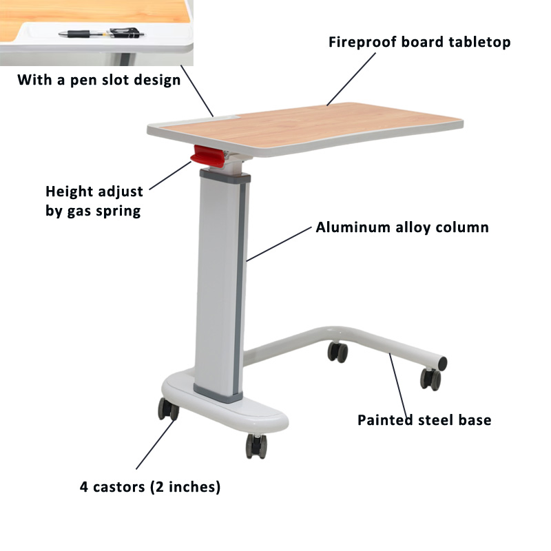 Adjustable Overbed Bedside Table Bed Side Over Bed Cardiac Table with Wheels