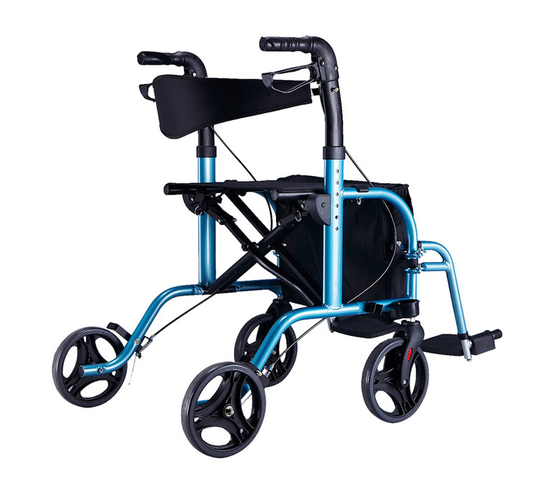 Adjustable aluminum walker rollator/ cane holder attached rollator with seat and footrests