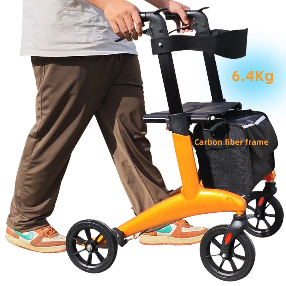 Carbon Fiber Elderly Transport Cart Foldable Lightweight Rollator Walker with Seat for Elderly People