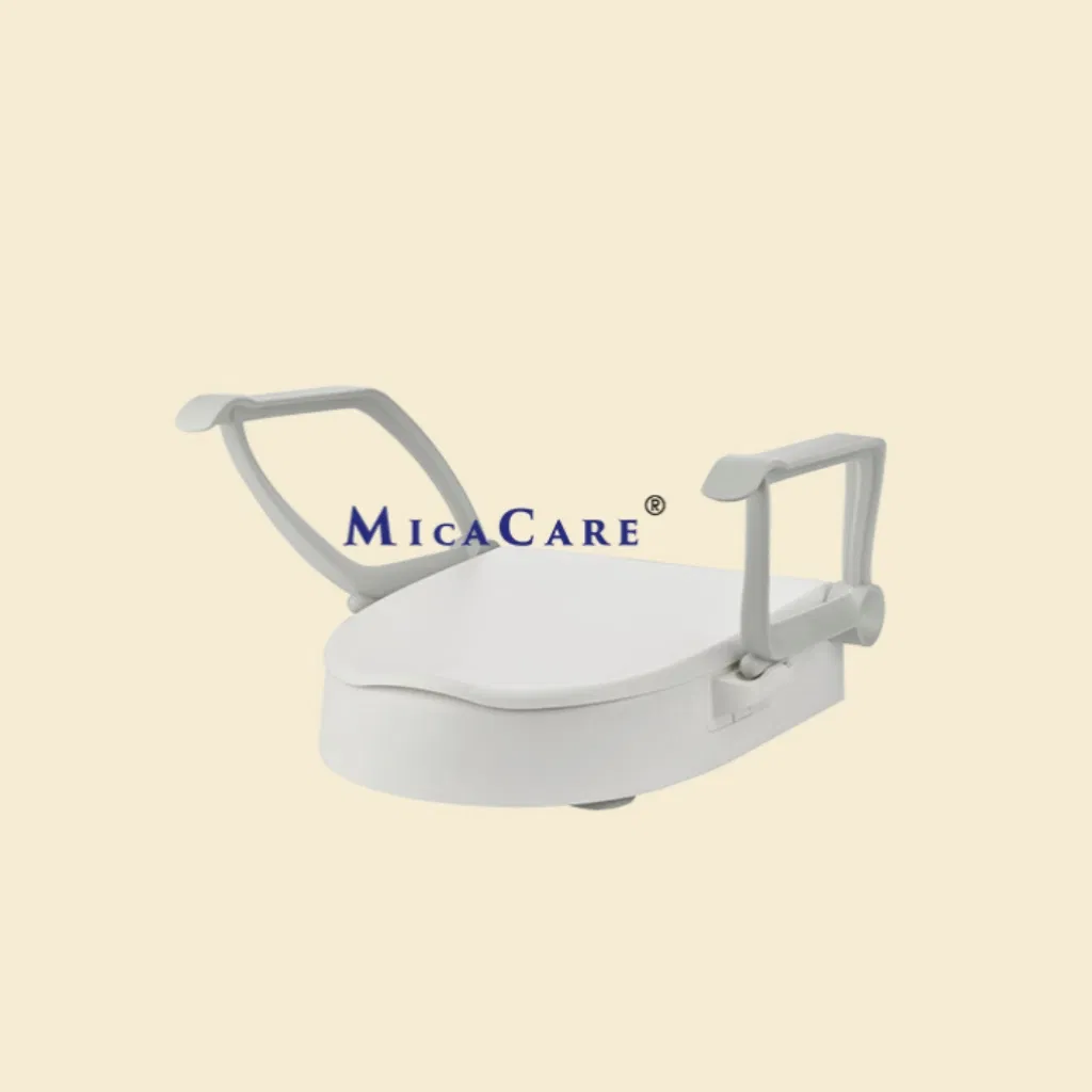 Height Adjustable Raised Toilet Seat with Rollover Handrail and Lid