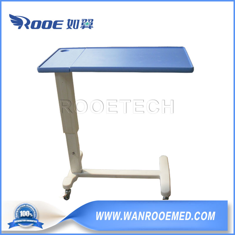 Hospital Furniture Mobile Overbed Table with ABS Material Tiltable 2 Sections Tabletop