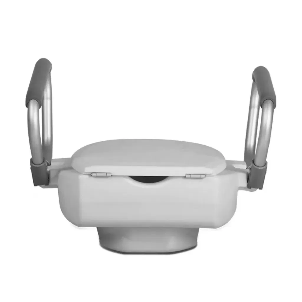Height Adjustable Raised Toilet Seat with Rollover Safety Handrail and Removable Lid