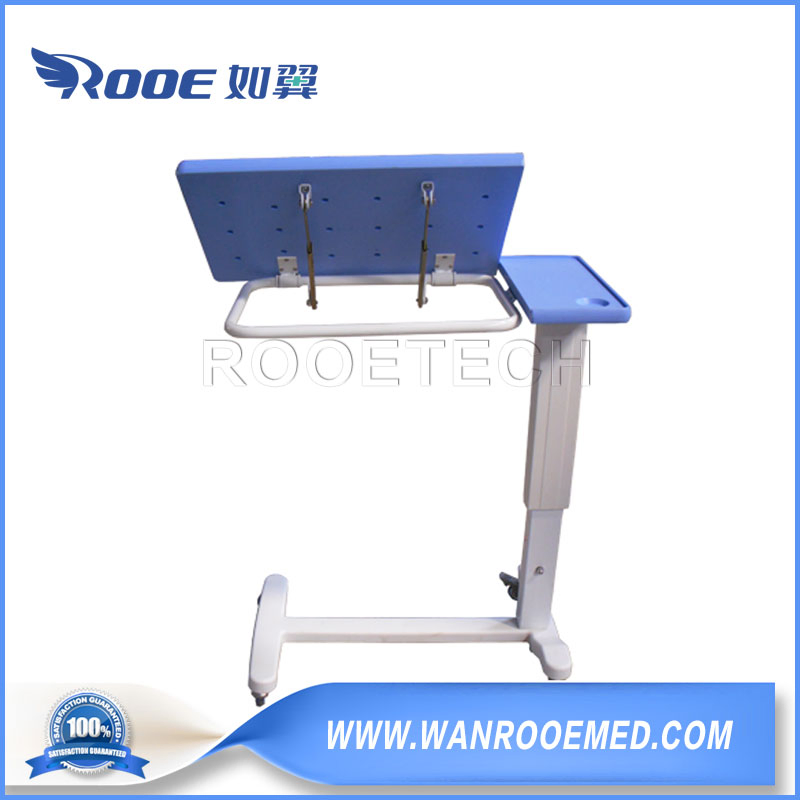 Hospital Furniture Mobile Overbed Table with ABS Material Tiltable 2 Sections Tabletop