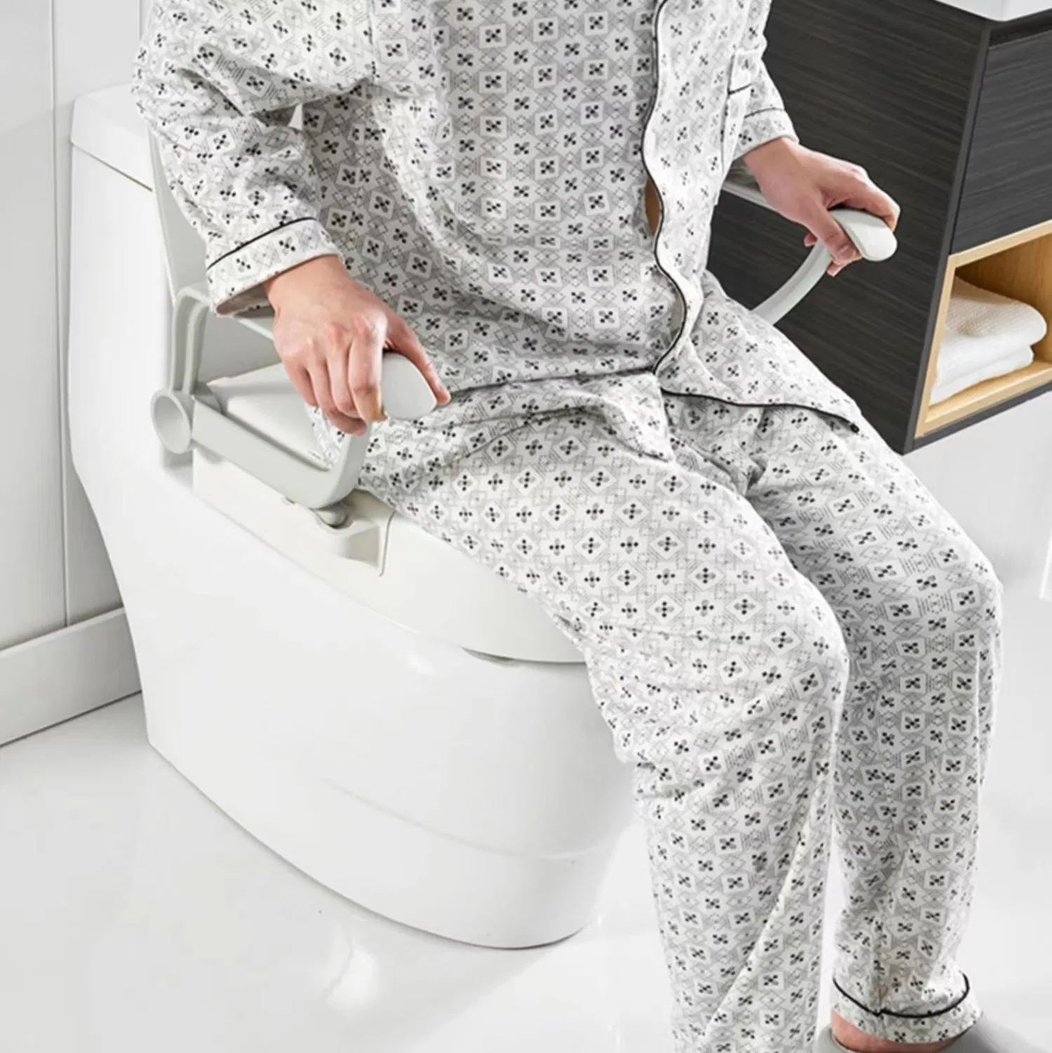 Height Adjustable Raised Toilet Seat with Rollover Handrail and Lid