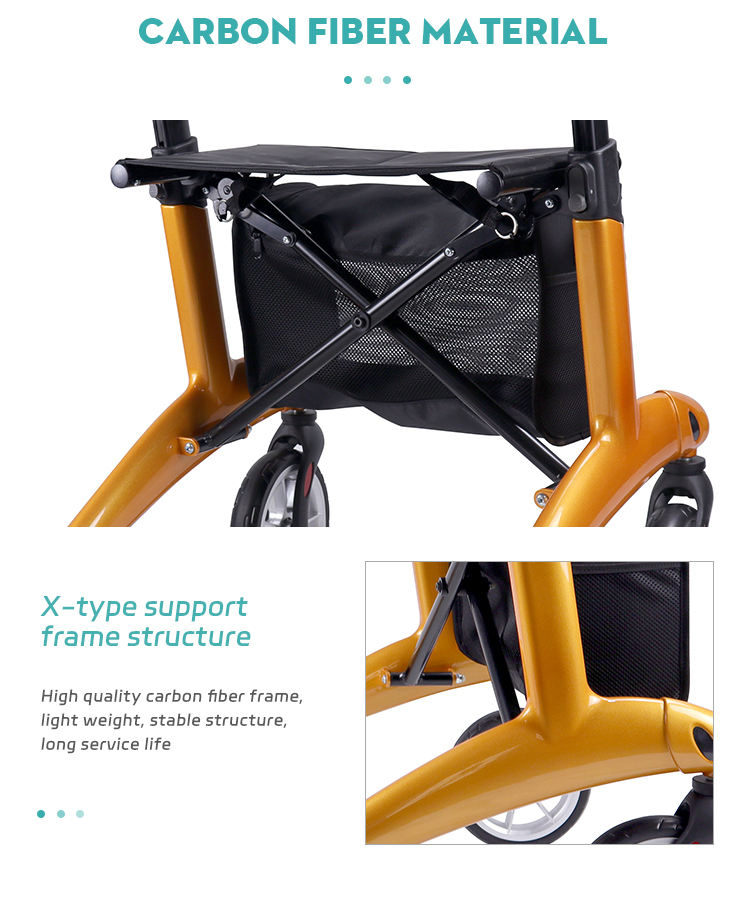 Carbon Fiber Elderly Transport Cart Foldable Lightweight Rollator Walker with Seat for Elderly People