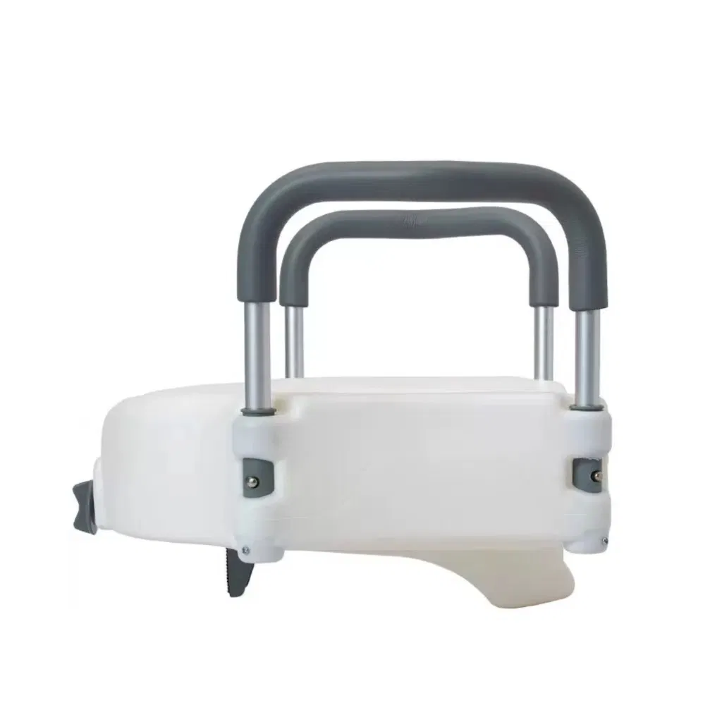 Height Adjustable Raised Toilet Seat with Rollover Safety Handrail and Removable Lid