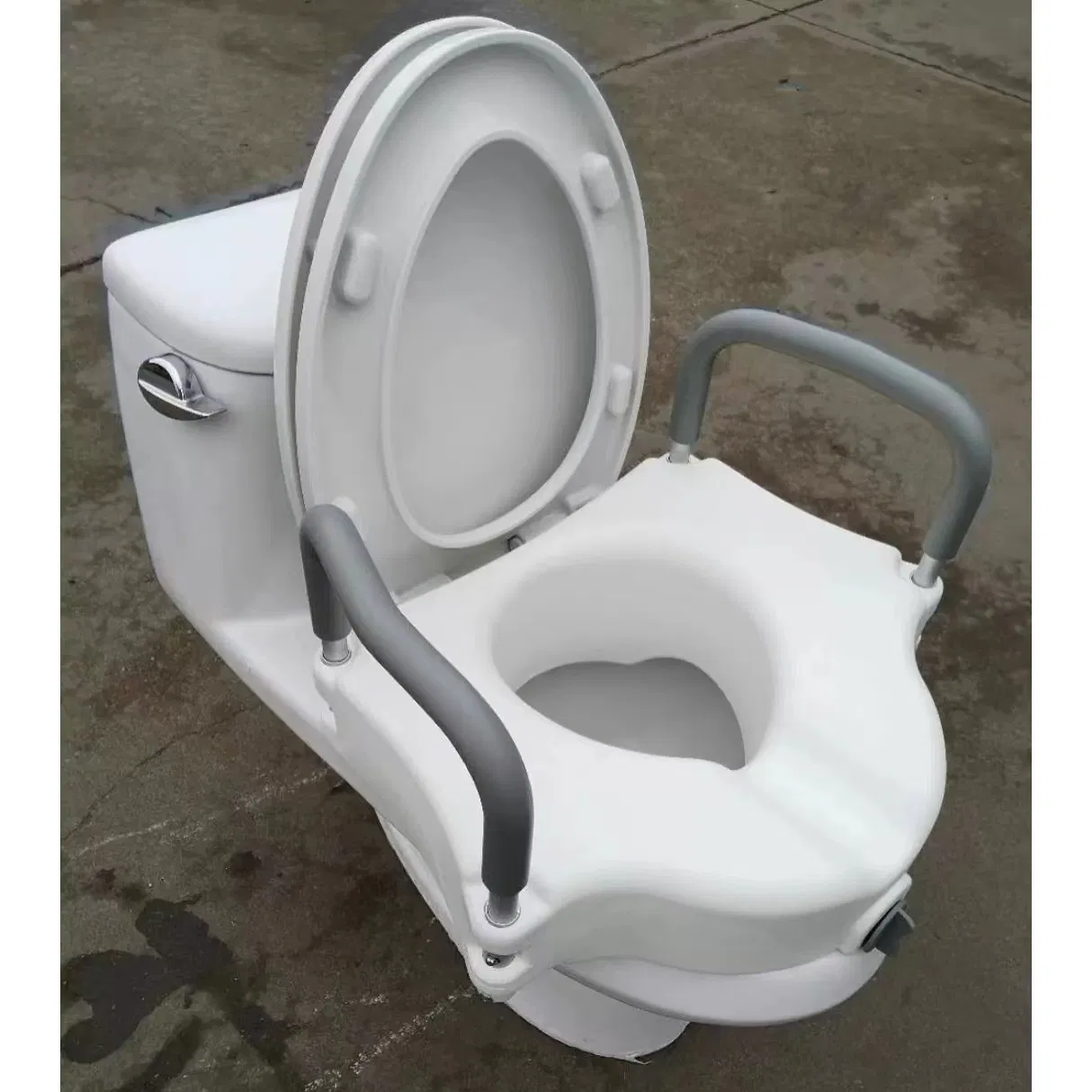 Height Adjustable Raised Toilet Seat with Rollover Safety Handrail and Removable Lid