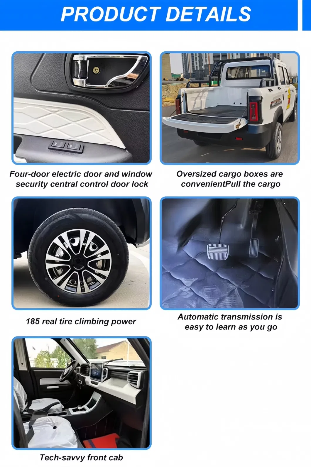 Vehículo Eléctrico de Lujo SUV de Cuatro Ruedas 3000W 4000W 5000W 6000W Mini Camión Eléctrico 4X4 Pickup con Caja de Carga Abierta Vehículo de Nueva Energía