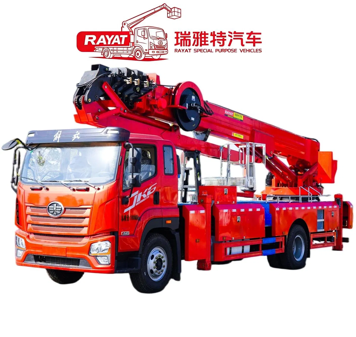 Fabricante chino Rayat FAW Chasis Jk6 Vehículo de trabajo aéreo de alta-baja 50m Plataforma de trabajo aéreo con brazo recto de seis secciones y pasarela de aluminio, nivelación automática