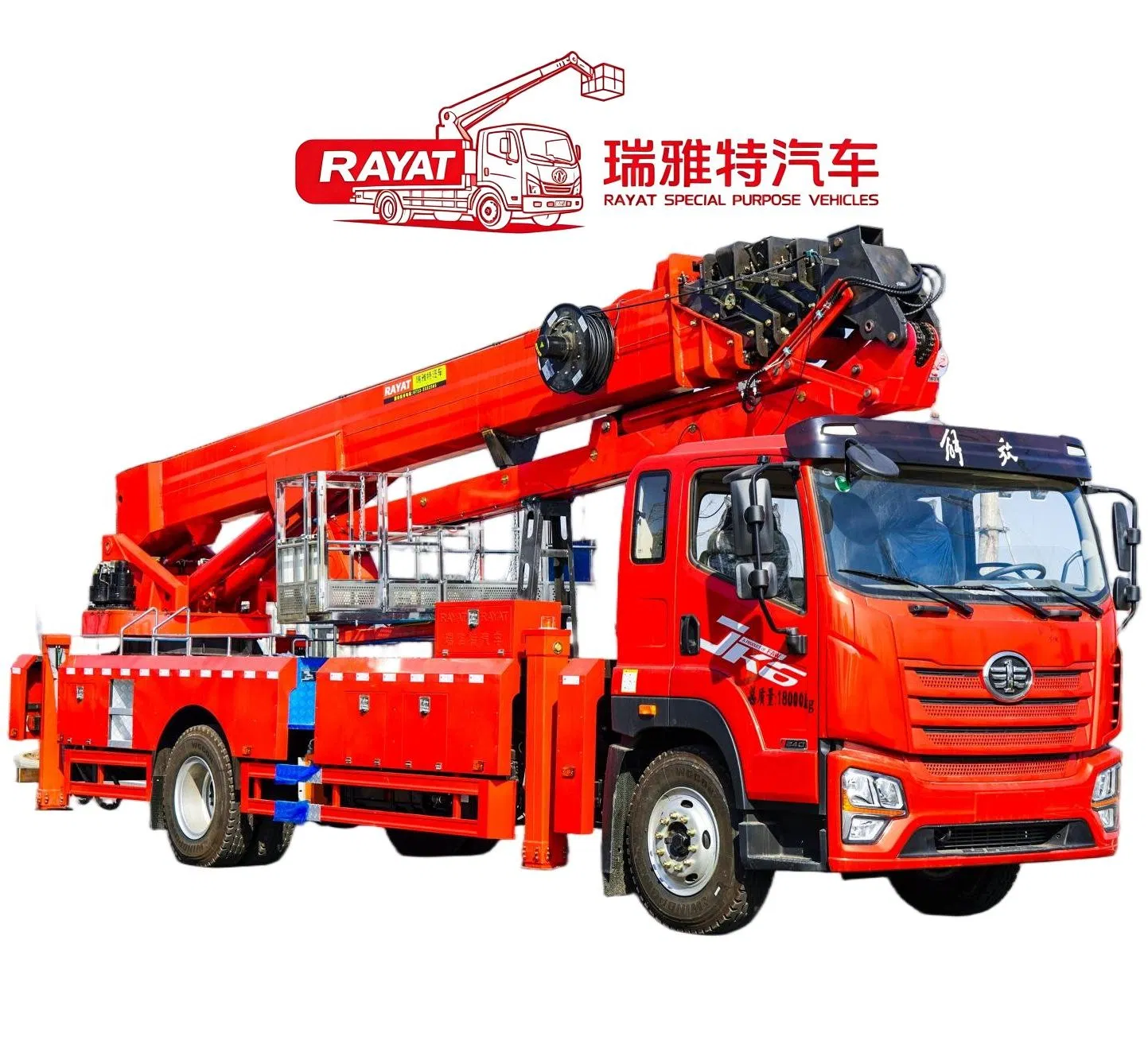 Fabricante chino Rayat FAW Chasis Jk6 Vehículo de trabajo aéreo de alta-baja 50m Plataforma de trabajo aéreo con brazo recto de seis secciones y pasarela de aluminio, nivelación automática