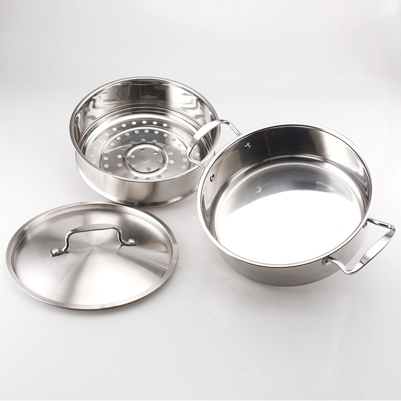 Factory Custom Kitchen Tri-Ply Stainless Steel Soup Steamer Pot Set Glass Lid Cooking Pot Set Cookware Sets