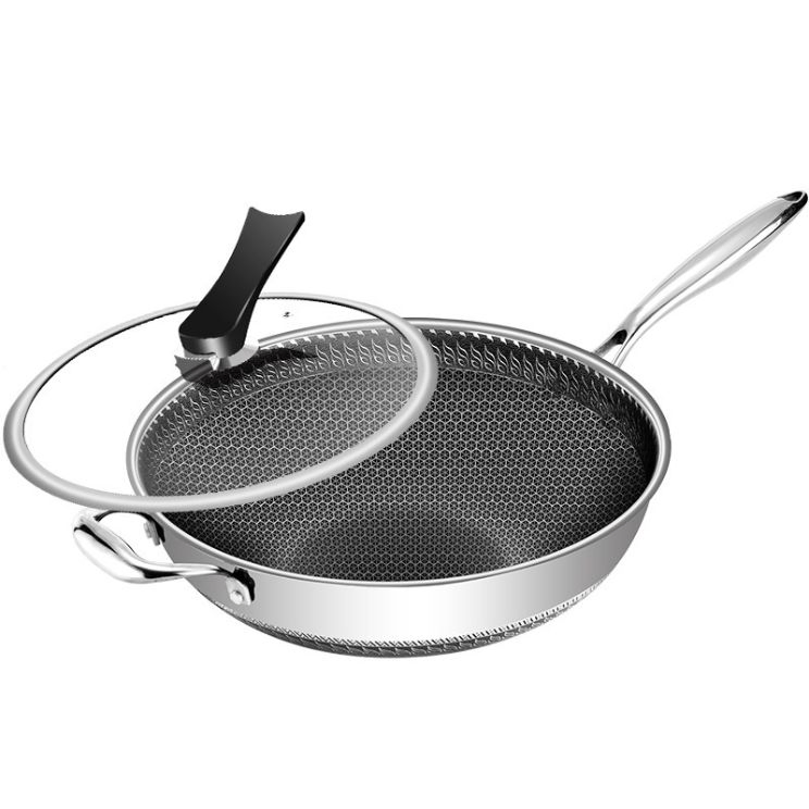 Kitchenware Honeycomb Stainless Steel Nonstick Coating Griddle Wok with Glass Lid