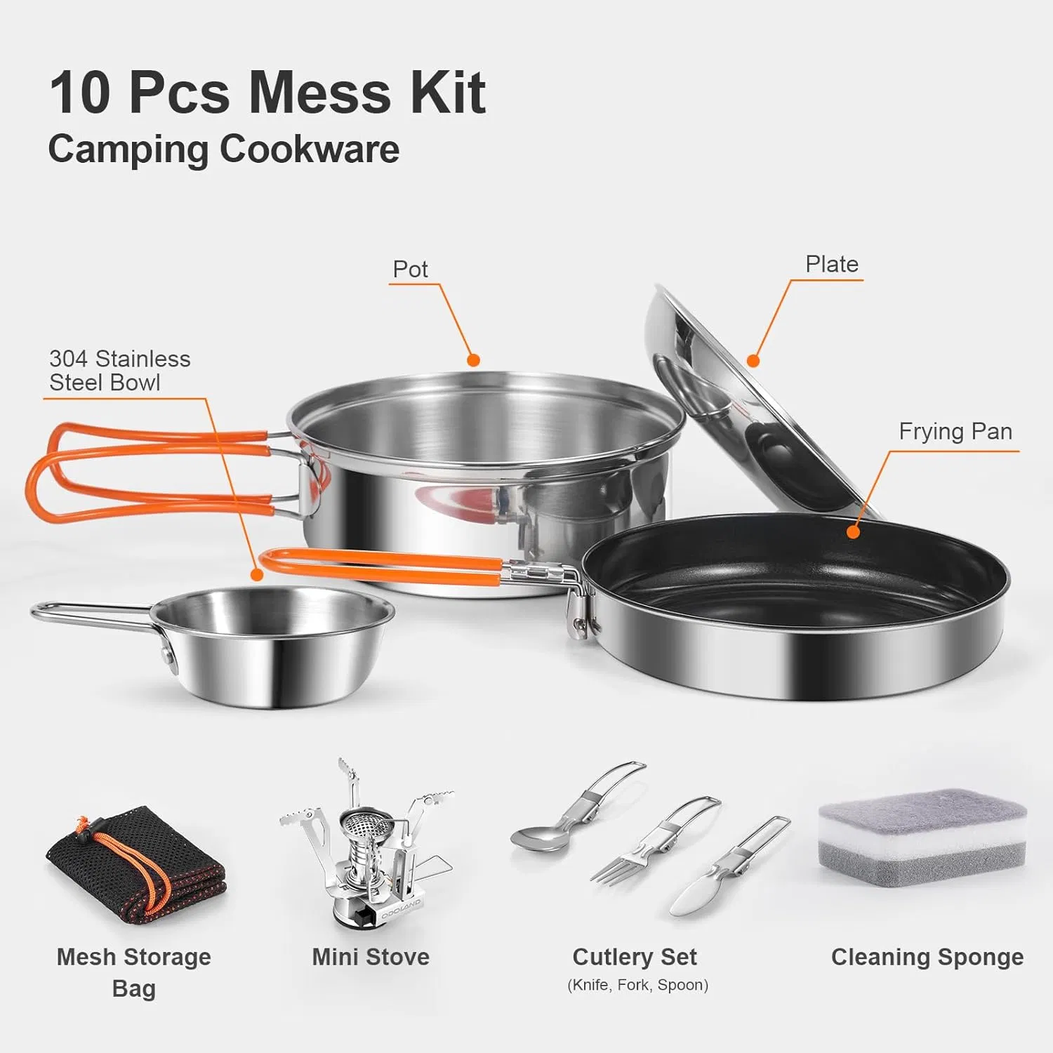 Lightweight Stainless Steel Camping Cookware Set with Pot Spork Cup Cleaning Cloth