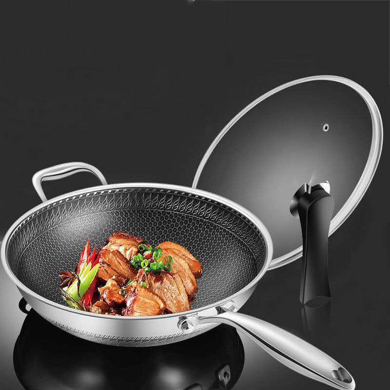 Stainless Steel Honeycomb Nonstick Coating Wok with Glass Lid