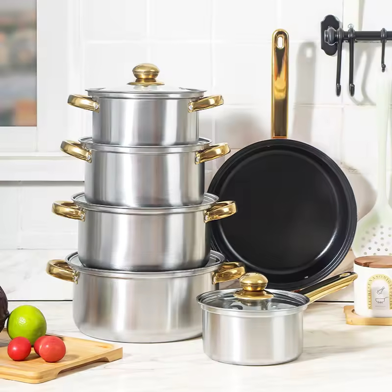 6PCS Stainless Steel Non-Stick Cooking Pans Set Kitchen Cookware with Soup Stock Pots and Frying Pan