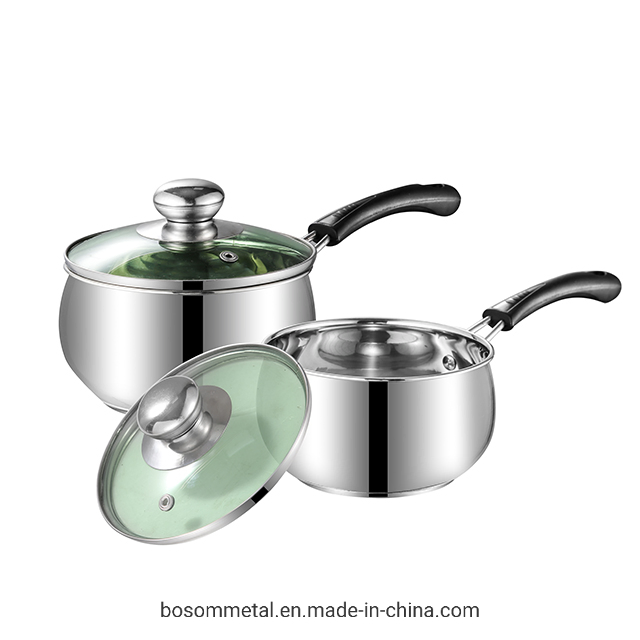 Stainless Steel Milk Boiling Pot Saucepan with Long Bakelite Handle with Green Glass Lid