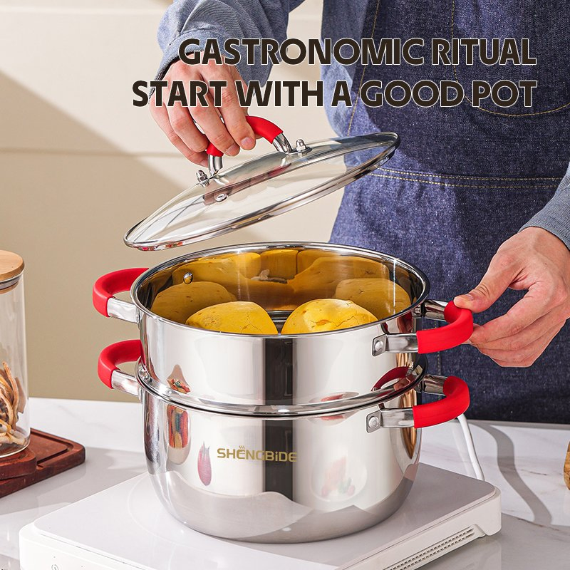 15PCS Manufacturer Direct Sales High-End Stainless Steel Cookware Set, Heat-Resistant Silicone Handle, Universal Compatible Soup Steamer Set