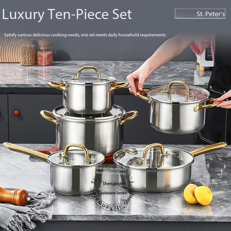 New Stainless Steel Golden Handle Thickened 10-Piece Cookware Set Cooking Pot
