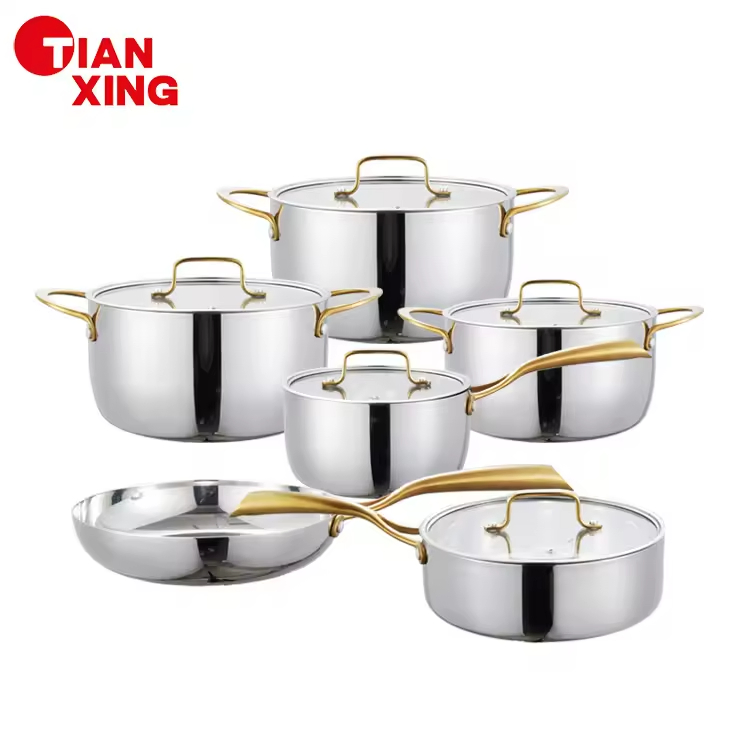 Tianxing Heavy Duty Tri Ply Stainless Steel Cookware Sets Non Stick Gold Handle Cooking Soup &amp; Stock Pots and Pans