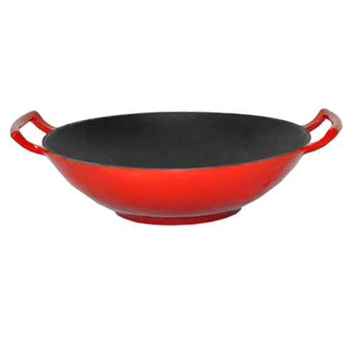 Enamel Cast Iron Wok with Stainless Steel Cover Dia 36cm 31cm