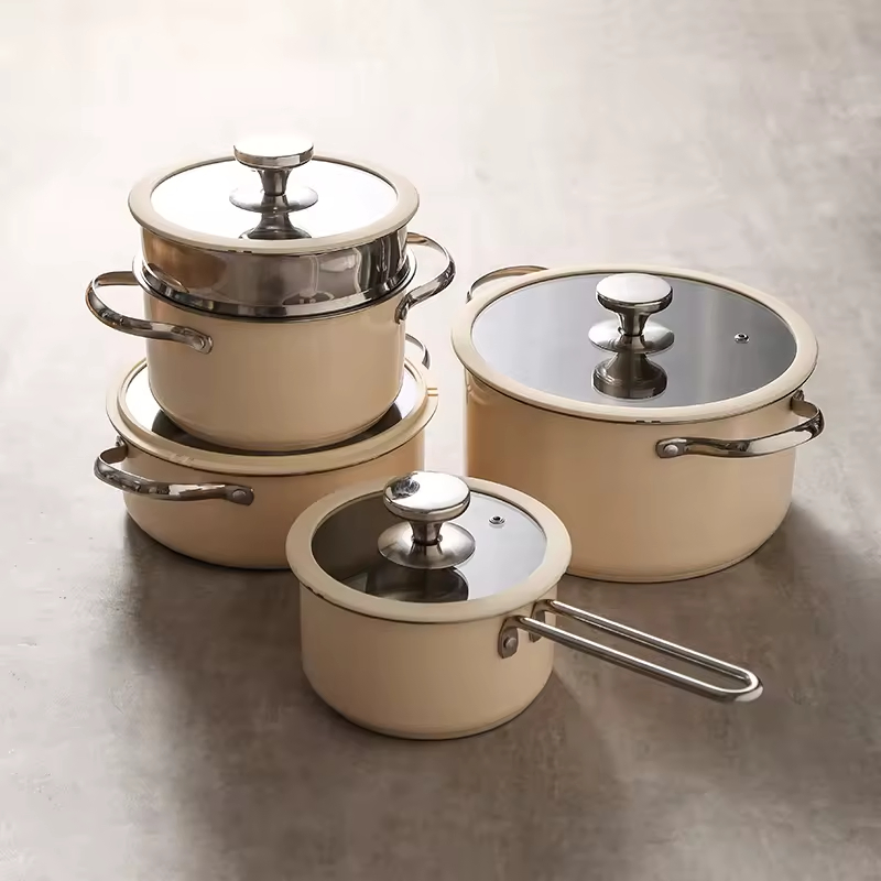 Korean Stainless Steel Colored Paint Kitchen Cook 3 Ply Bottom Cookware Sets with Glass Lid Large Big Soup Milk Pots