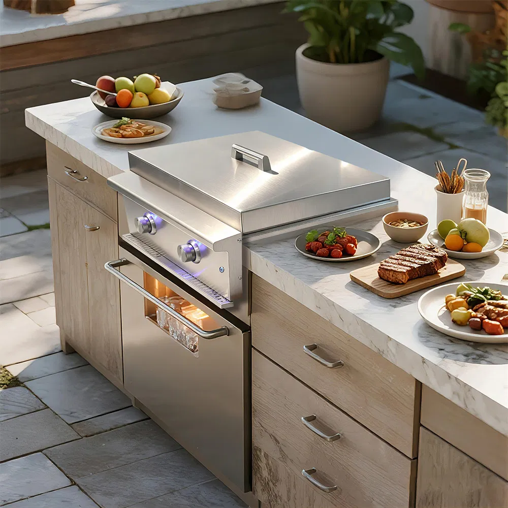 Factory Heavy Duty Premium Stainless Steel 304 Built-in Outdoor Kitchen Barbecue BBQ 2b 2 Burners Gasteppanyaki Griddle with Lid