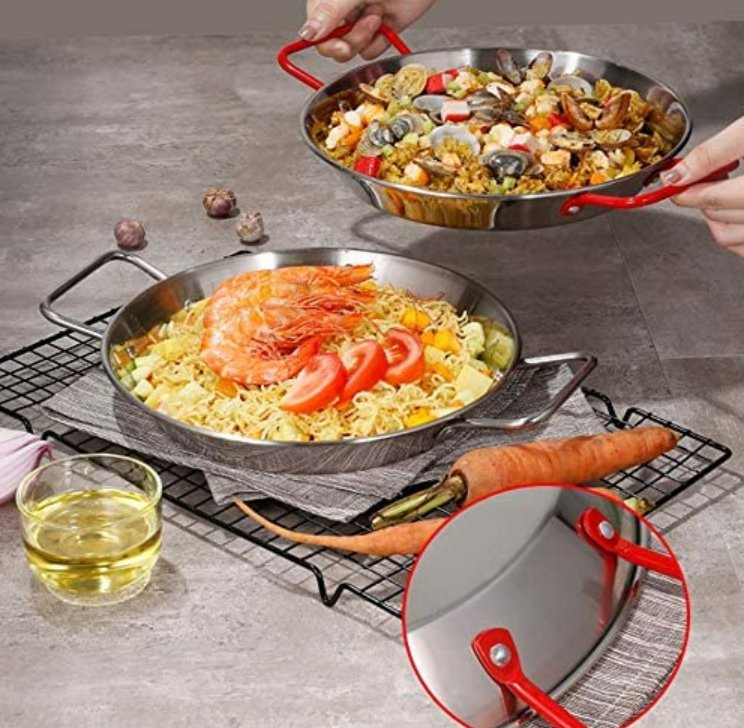 Cookware Restaurant Ware China Heavy Duty 1 Induction Ready Food Fruit Tray Container Frying Pot Wok Silver Stainless Steel Spanish Paella Pan with Red Handle
