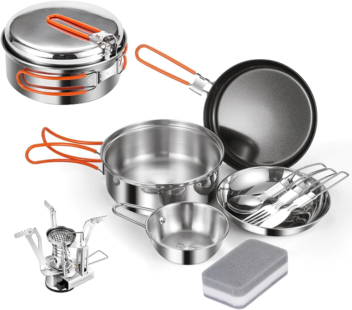 Lightweight Stainless Steel Camping Cookware Set with Pot Spork Cup Cleaning Cloth