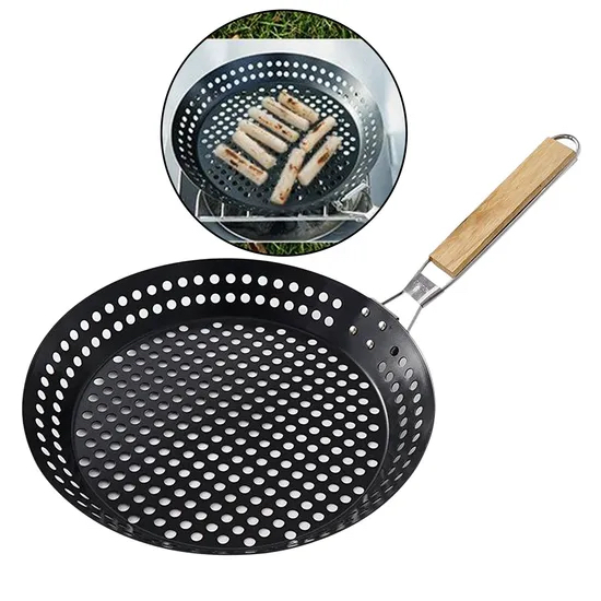 Non-Stick Griddles with Holes Folding Wooden Handle Grill Barbecue Pan Picnic Camping Fry Pan W17_22