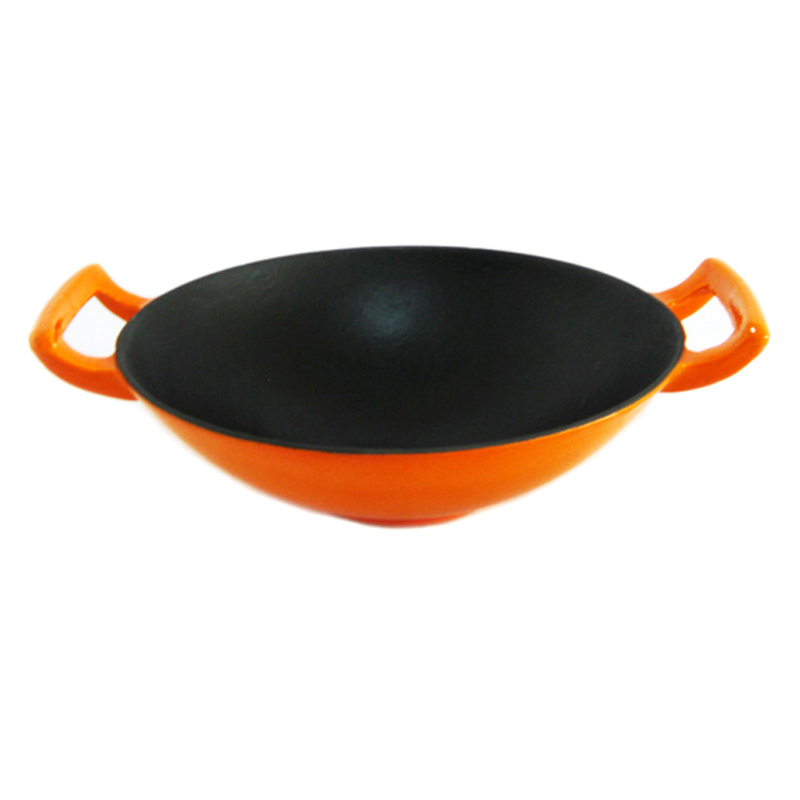 Enamel Cast Iron Wok with Stainless Steel Cover Dia 36cm 31cm