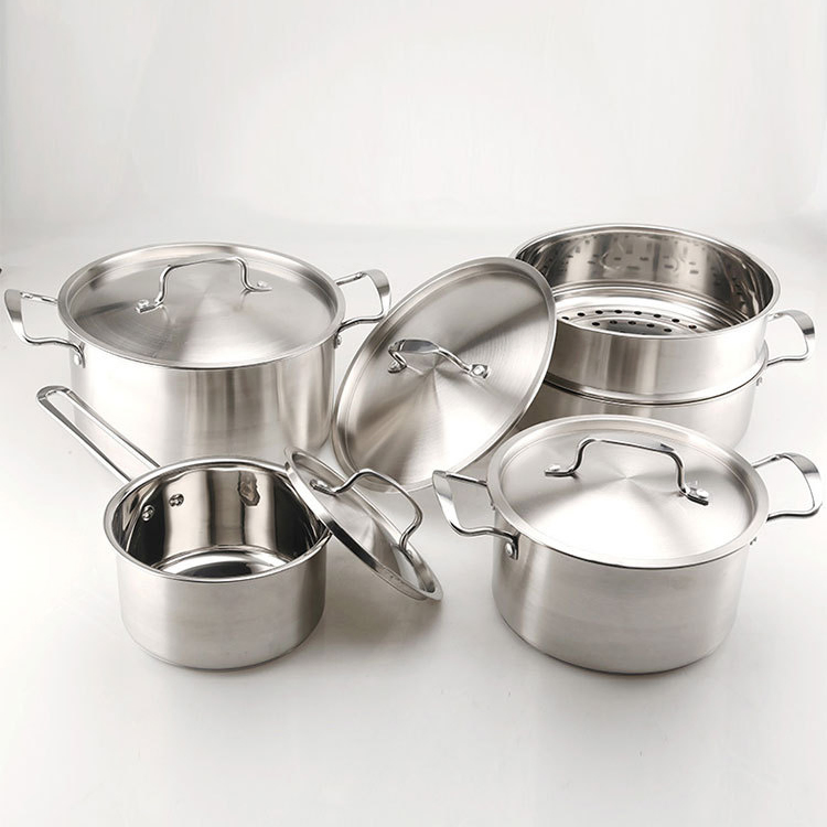 Factory Custom Kitchen Tri-Ply Stainless Steel Soup Steamer Pot Set Glass Lid Cooking Pot Set Cookware Sets