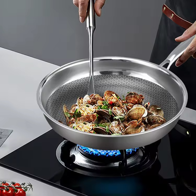High Quality Hybrid Cookware Kitchenware 3-Ply Stainless Steel Honeycomb Non Stick Wok 24 Inch Big Frying Pan with Lid