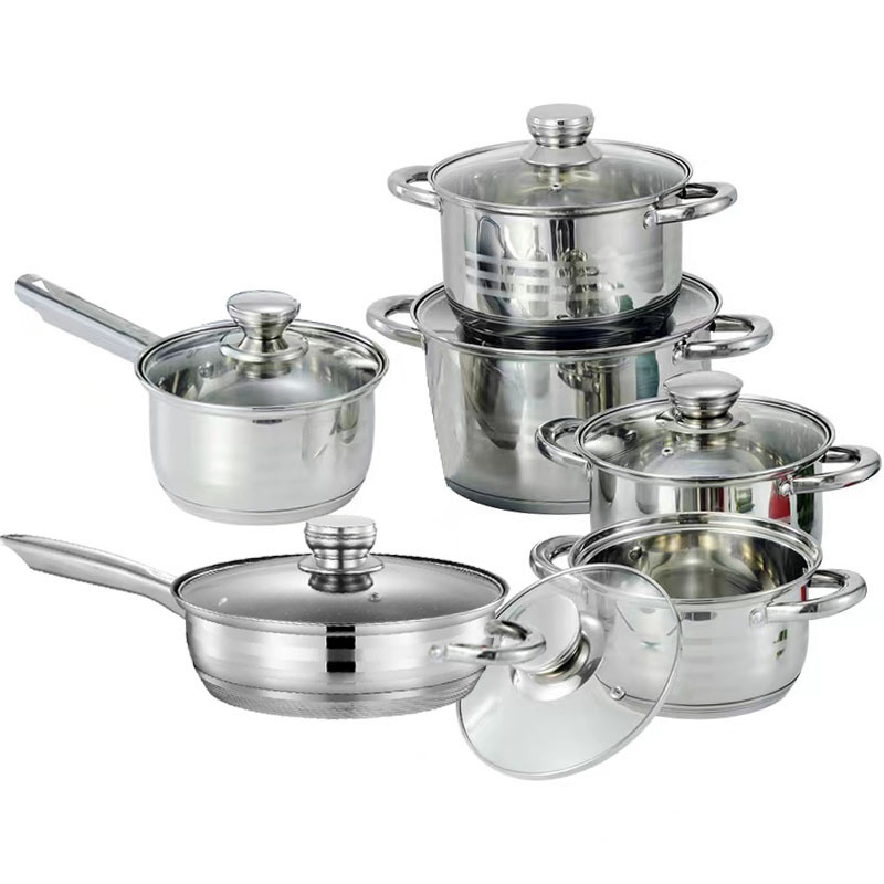 12PCS Induction Bottom Casserole with Whistling Kettle Cooking Pot Set Stainless Steel Cookware Set with Glass Lids