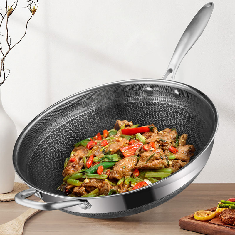 Double Sided Honeycomb Frying Pan Non Stick Stainless Steel Cookware Wok