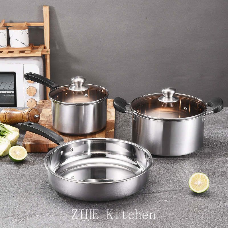 Stainless Steel 3-Piece Pot Set Thickened Milk Stock Frying Pan Zihe Kitchen