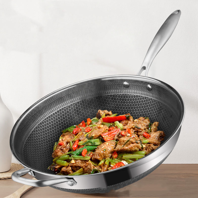 316 Stainless Steel Wok Slightly Oily Smoke Double-Sided Honeycomb Non-Stick Frying Cookware