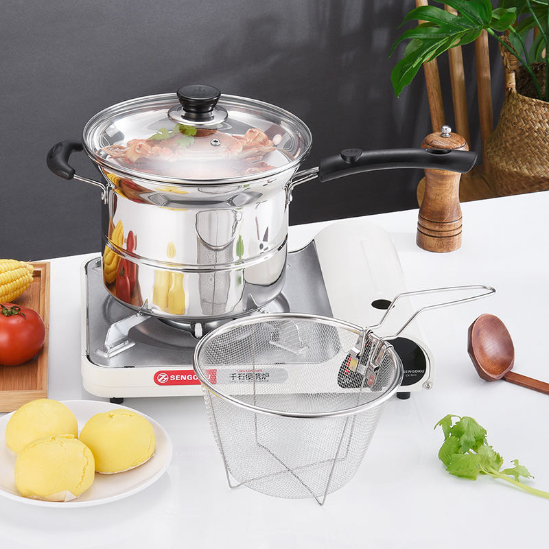 Customized Set Cookware Multi-Function Pot Stainless Steel Steamer Noodle Pot Tempura Fryer with Basket