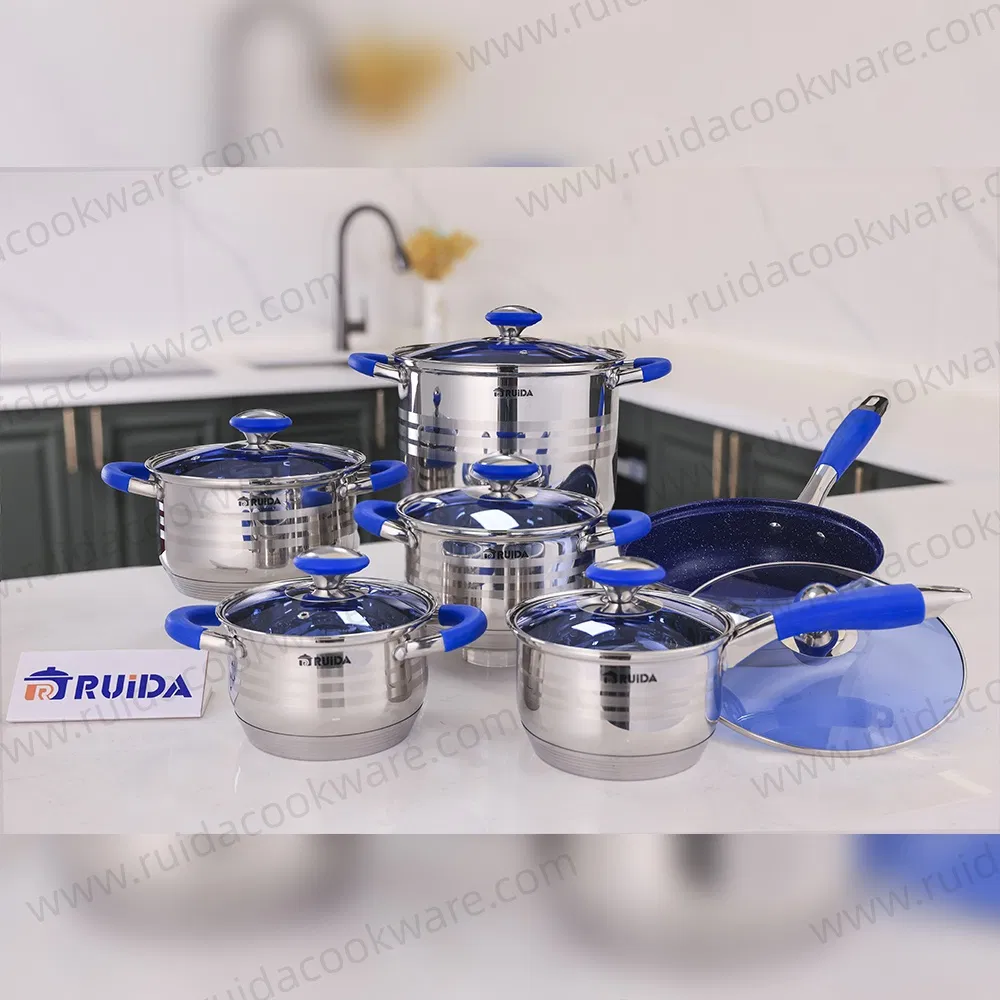 Customized Kitchen Appliance Blue Silicone Stainless Steel Kitchenware Set Cookware