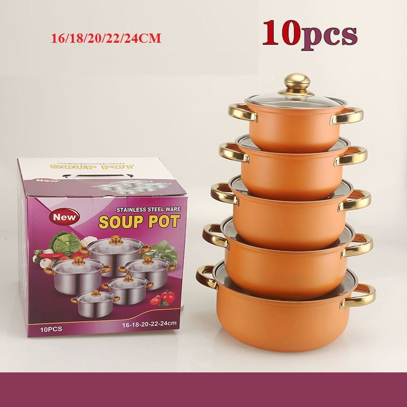 10PCS Kitchen Ware Soup Steamer Pot Set with Lid Stainless Steel Cooking Pot Set Cookware Sets