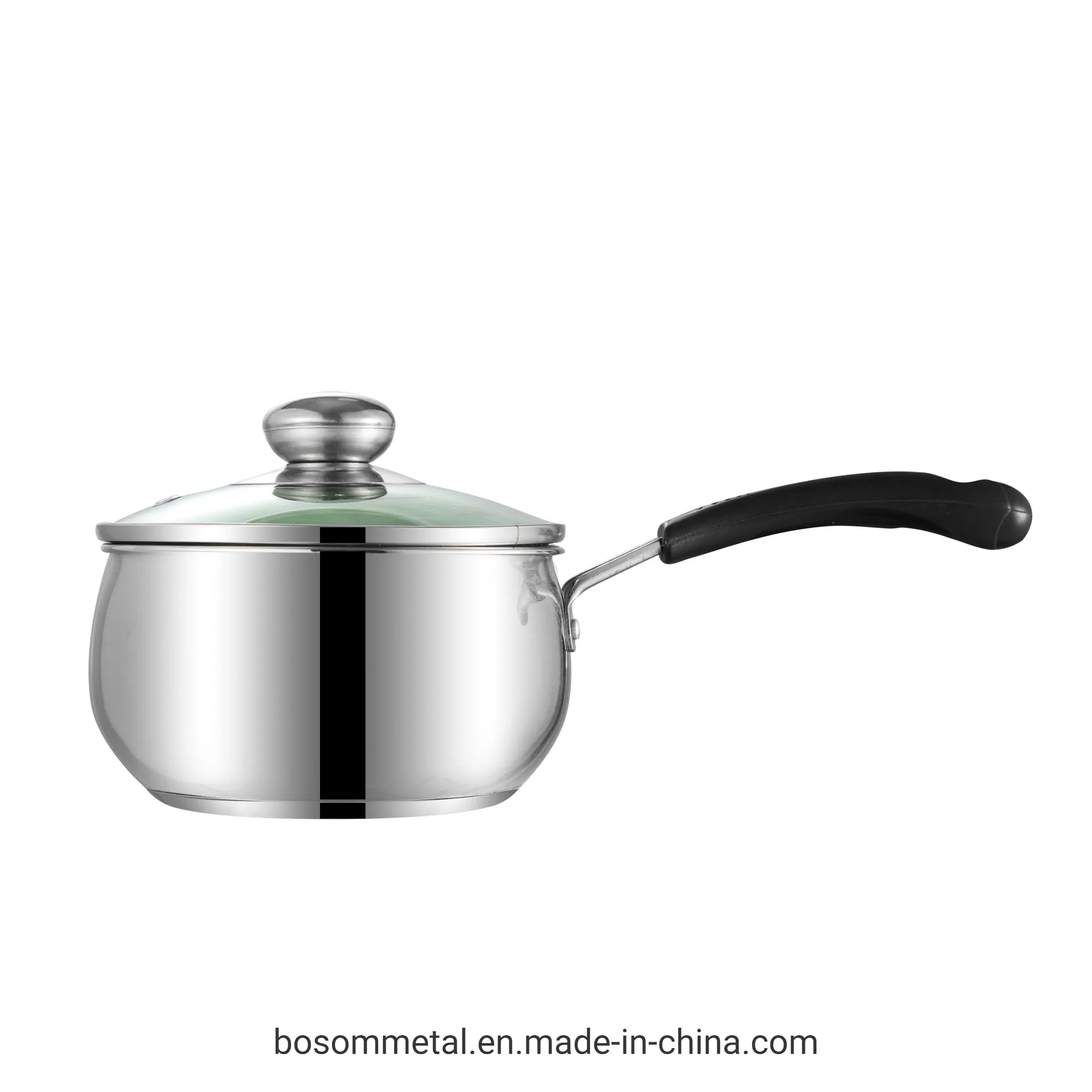 Stainless Steel Milk Boiling Pot Saucepan with Long Bakelite Handle with Green Glass Lid