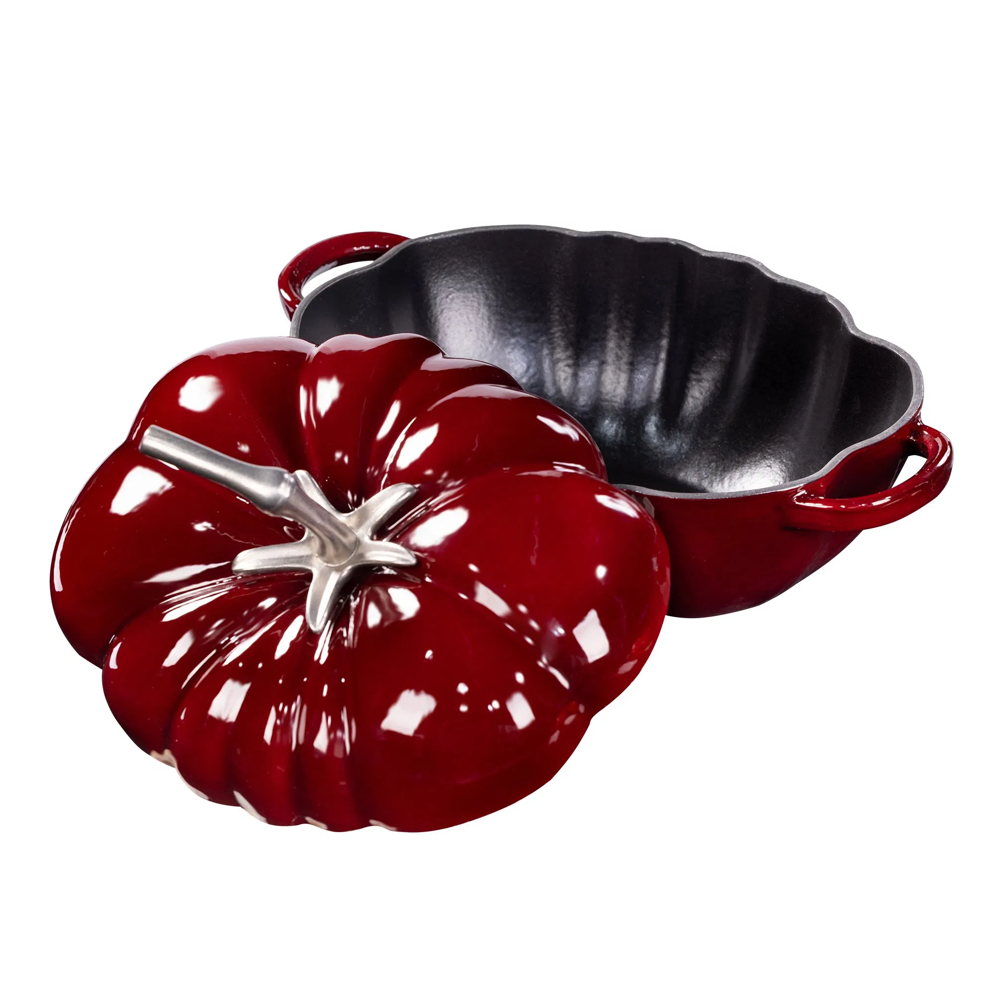 Tomato Shaped Enameled Dutch Oven with Stainless Steel Stem Handle Heavy Cast Iron Dutch Oven